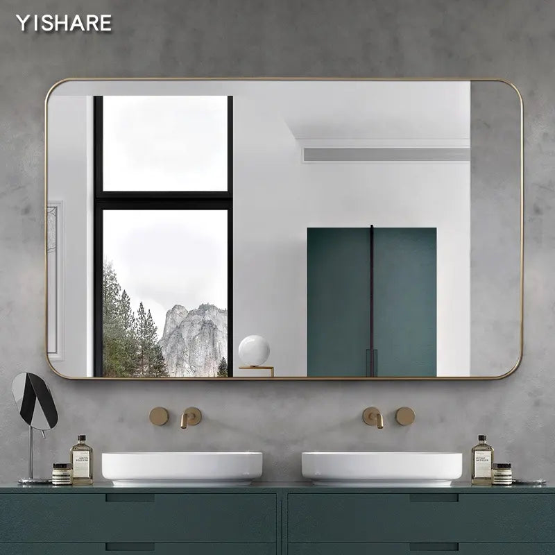 Yishare Nordic Style Rectangle Brass Frame Home Decorative Explosion Proof Safety Bath Mirrors Wall Bathroom Vanity Mirrors