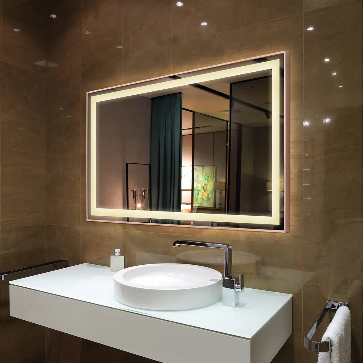 Yishare Smart Screen Waterproof Led Lighted Large Shatterproof Makeup Mirror for Wall Dimmable Anti-fog Backlight LED Bathroom