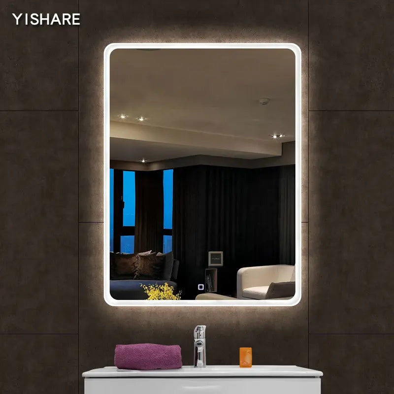 Custom Size Rectangle Frameless Silver Mirror LED Bathroom Mirror Illuminated Smart Wall Hanging Hotels Defogger Graphic Design