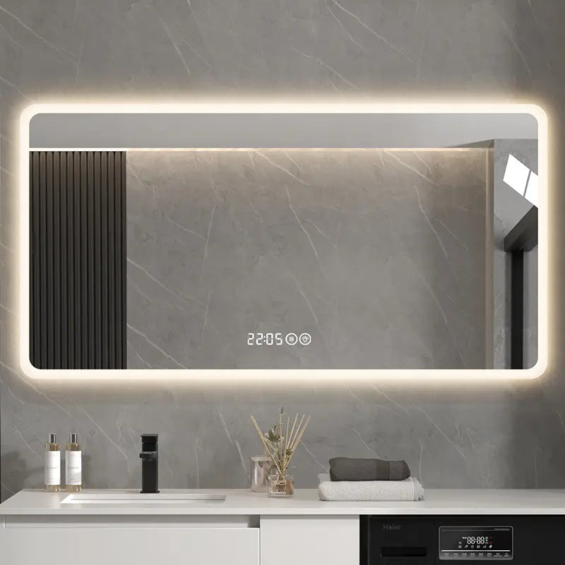 Custom Size Rectangle Frameless Silver Mirror LED Bathroom Mirror Illuminated Smart Wall Hanging Hotels Defogger Graphic Design