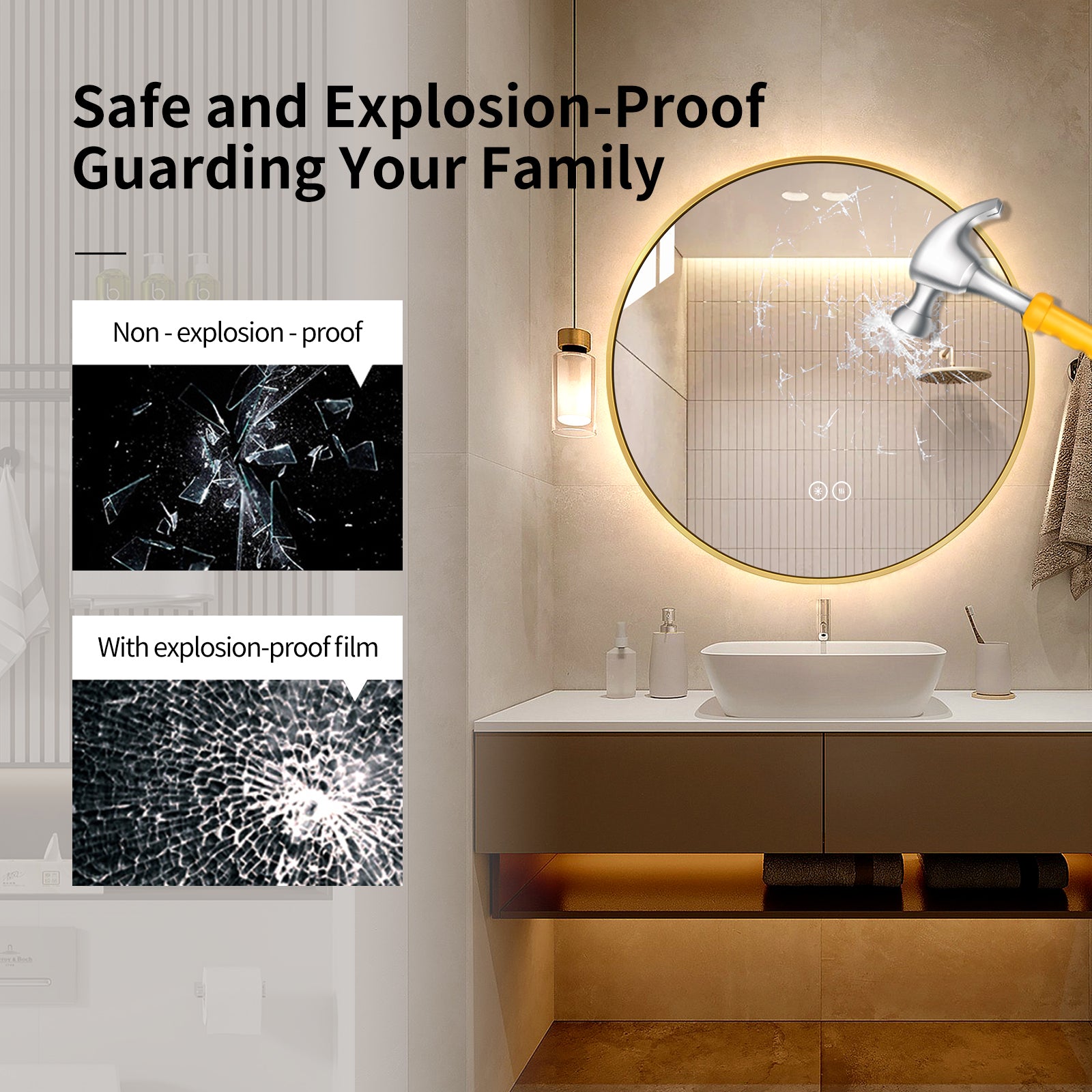 Yishare Round LED Framed Explosion-Proof Anti-Fog Bathroom Mirror