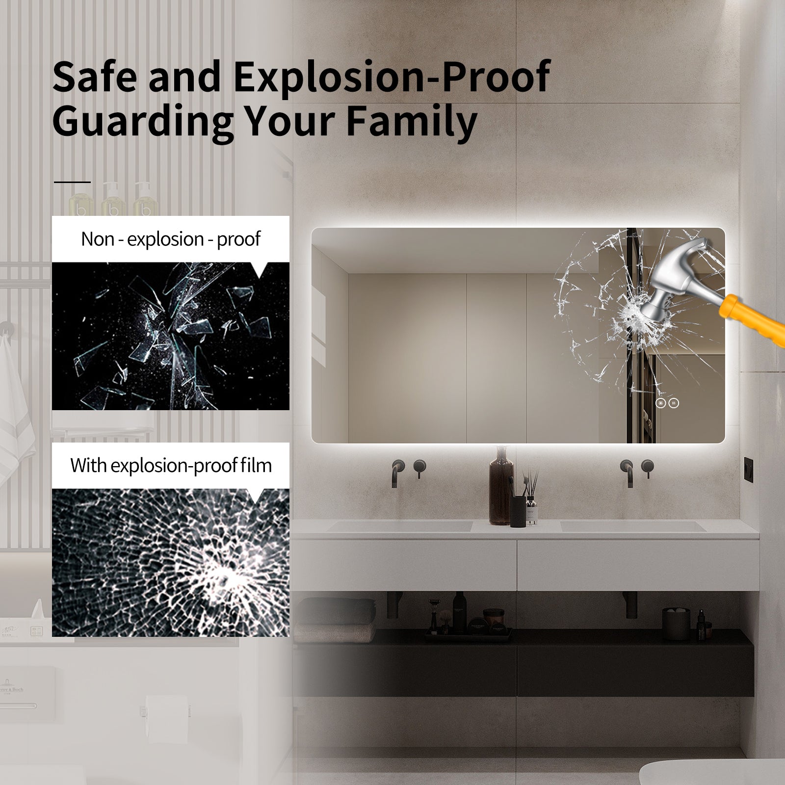 Yishare Rectangular Frameless LED Explosion - Proof and Anti - Fog Wall - Mounted Bathroom Mirror
