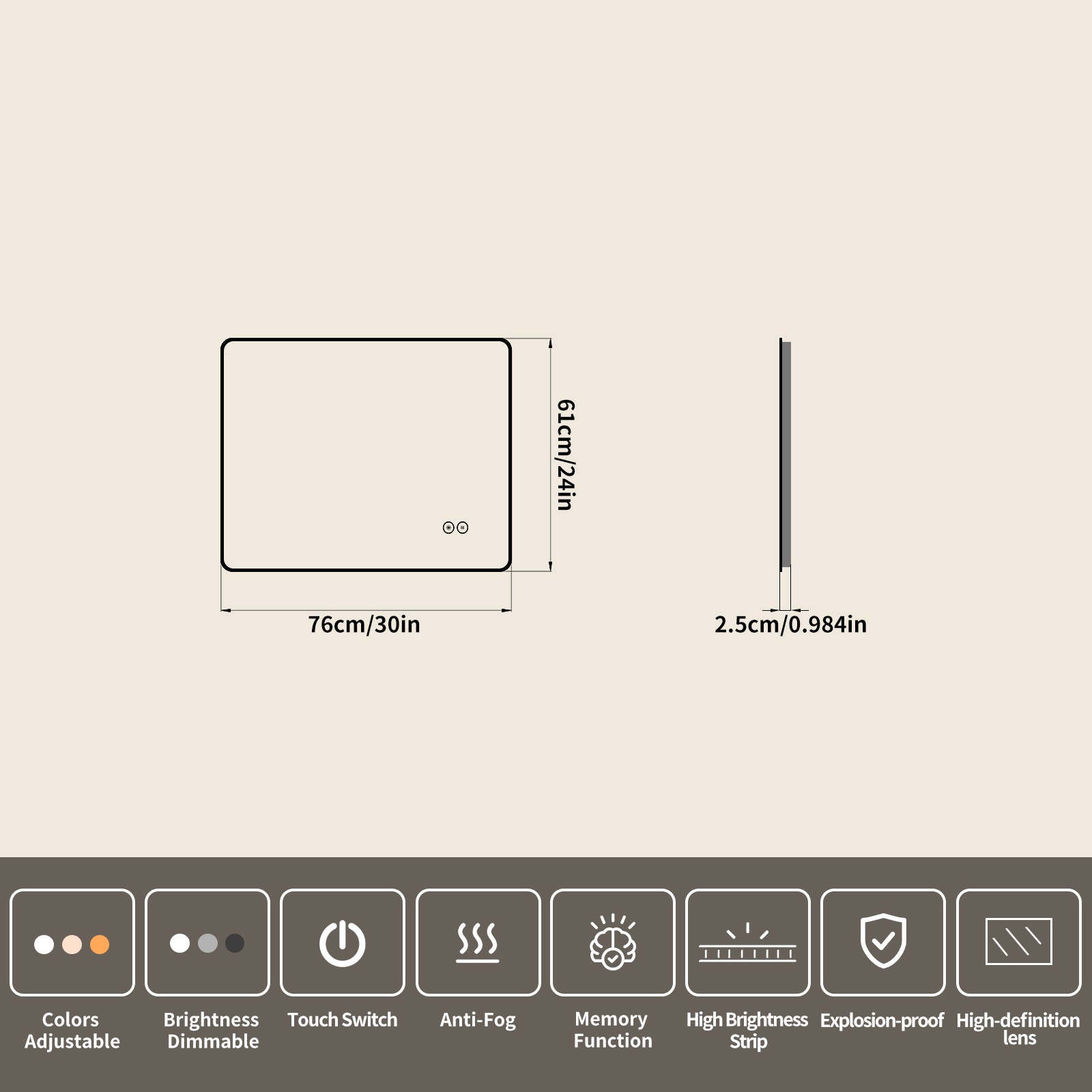 Yishare Rectangular Frameless LED Explosion - Proof and Anti - Fog Wall - Mounted Bathroom Mirror