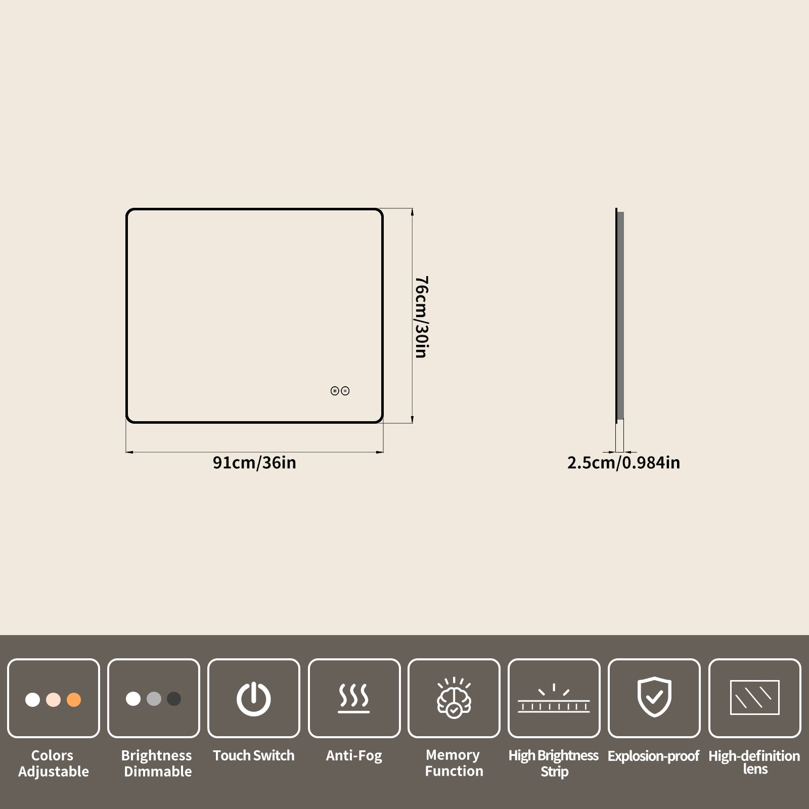 Yishare Rectangular Frameless LED Explosion - Proof and Anti - Fog Wall - Mounted Bathroom Mirror