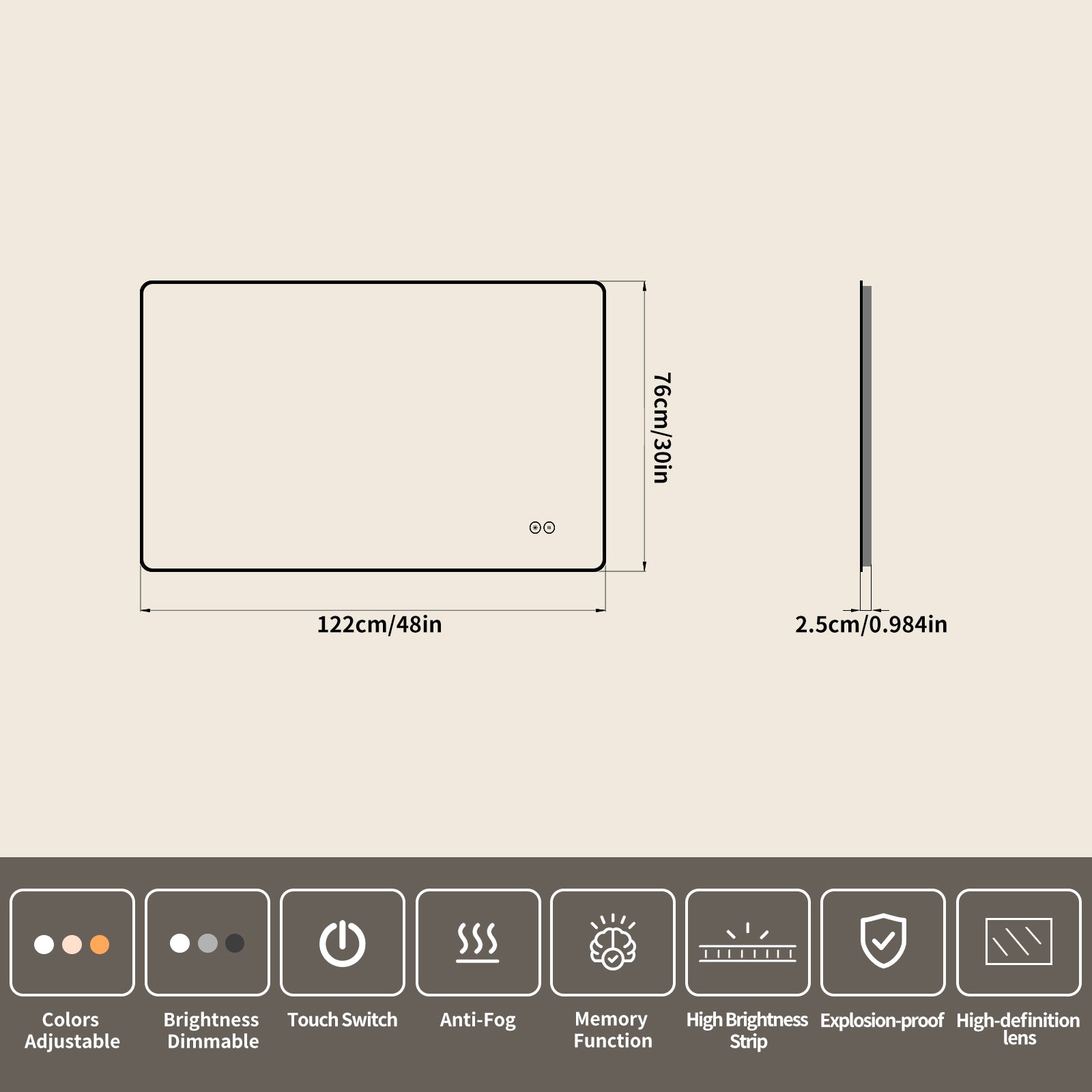 Yishare Rectangular Frameless LED Explosion - Proof and Anti - Fog Wall - Mounted Bathroom Mirror