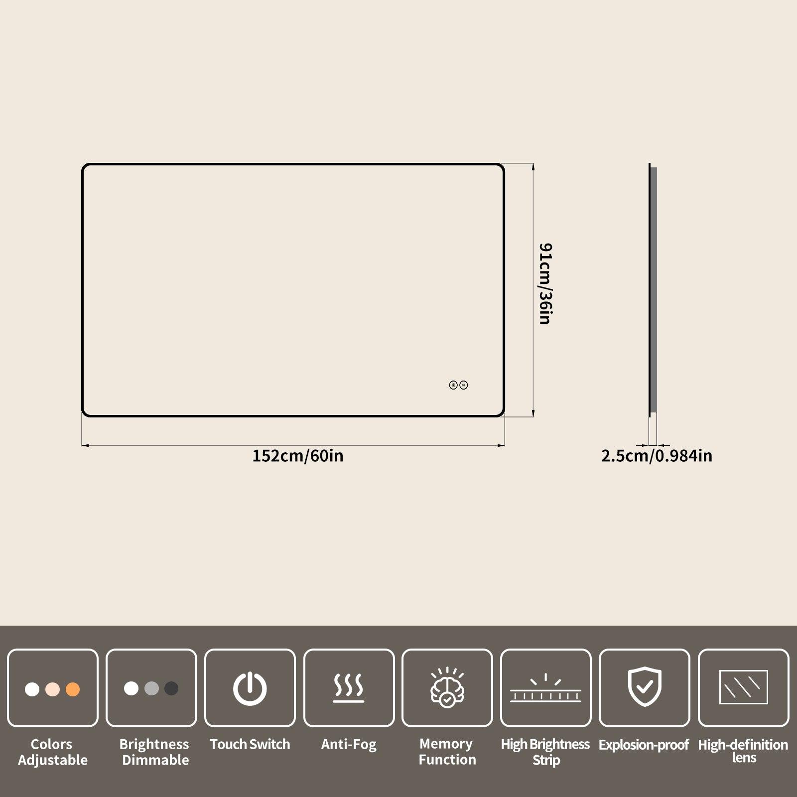 Yishare Rectangular Frameless LED Explosion - Proof and Anti - Fog Wall - Mounted Bathroom Mirror