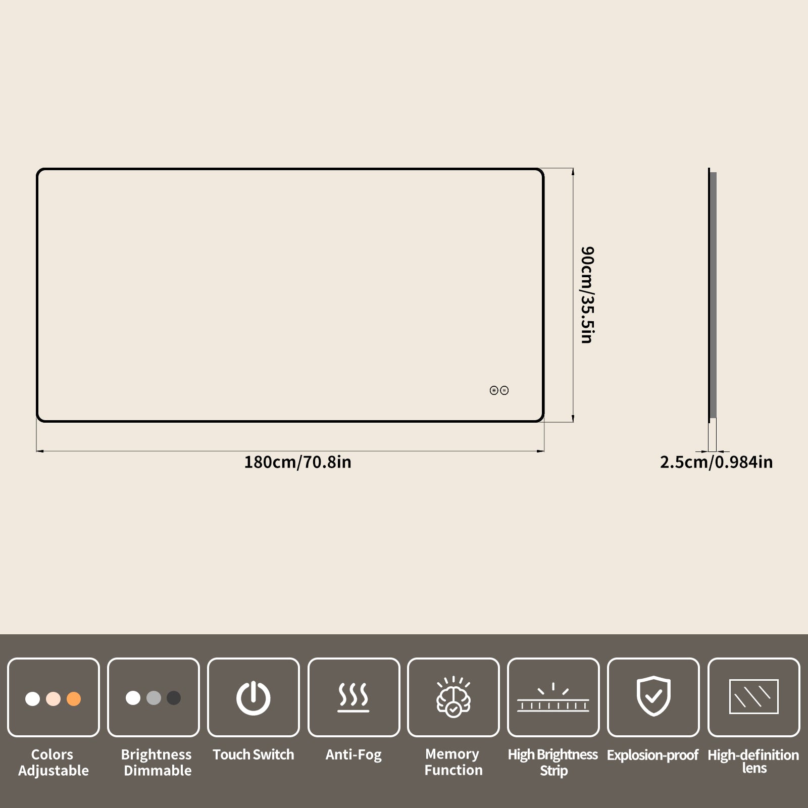 Yishare Rectangular Frameless LED Explosion - Proof and Anti - Fog Wall - Mounted Bathroom Mirror