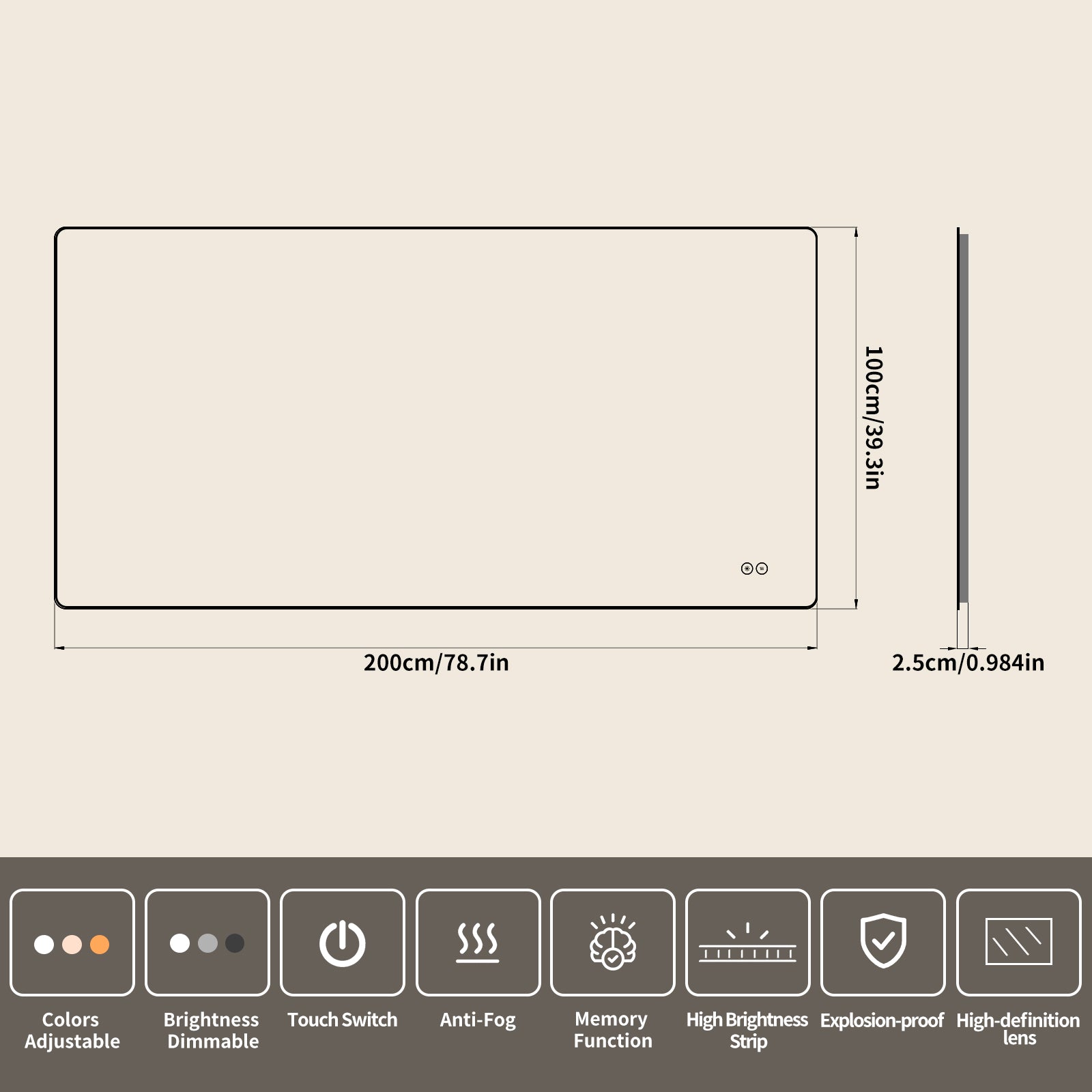 Yishare Rectangular Frameless LED Explosion - Proof and Anti - Fog Wall - Mounted Bathroom Mirror