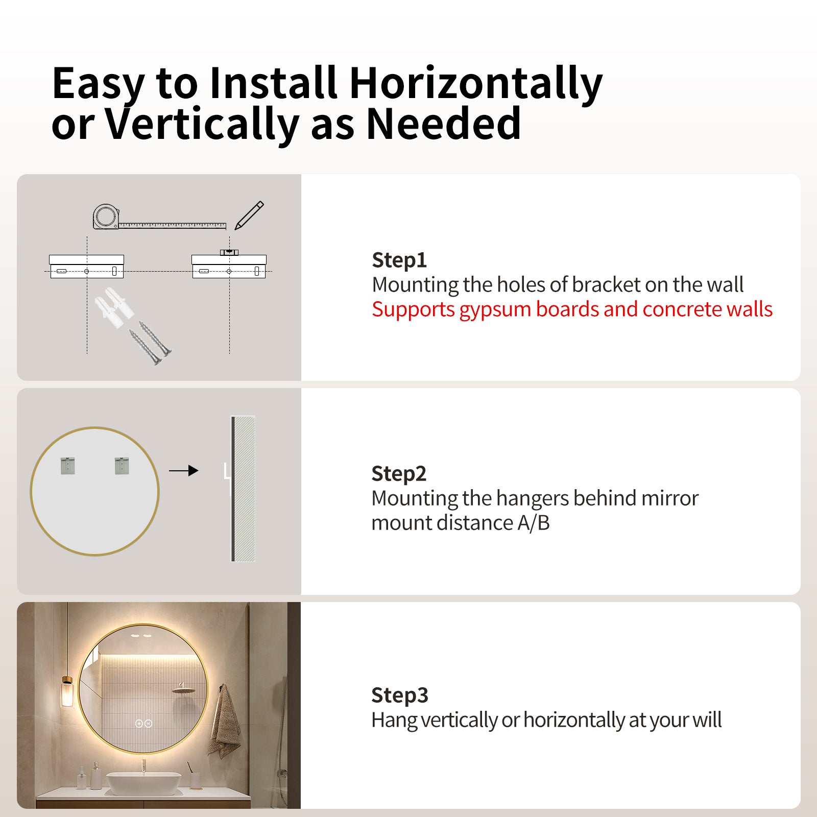 Yishare Round LED Framed Explosion-Proof Anti-Fog Bathroom Mirror