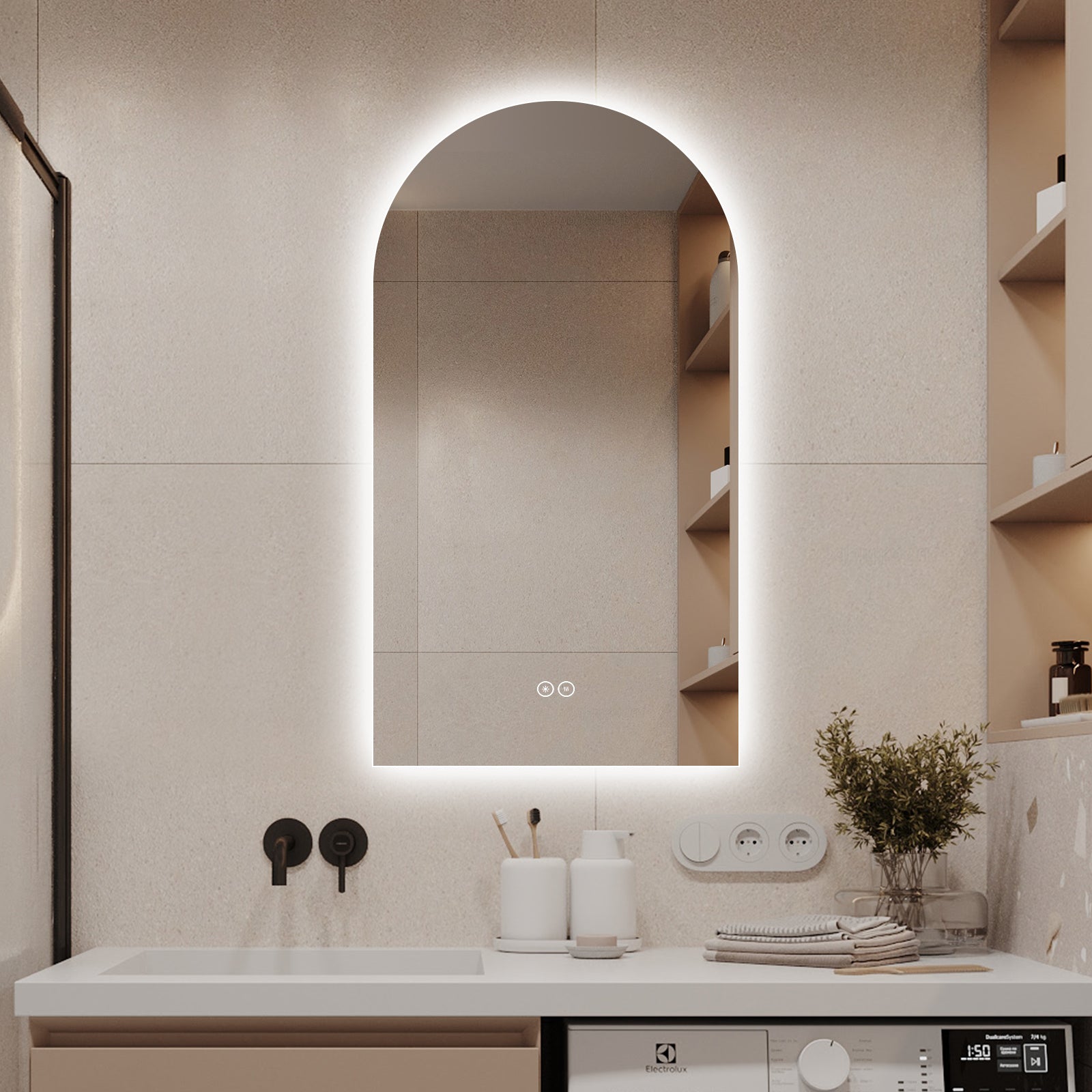 Silver Wall Large Arched Bathroom Mirror With Lighting