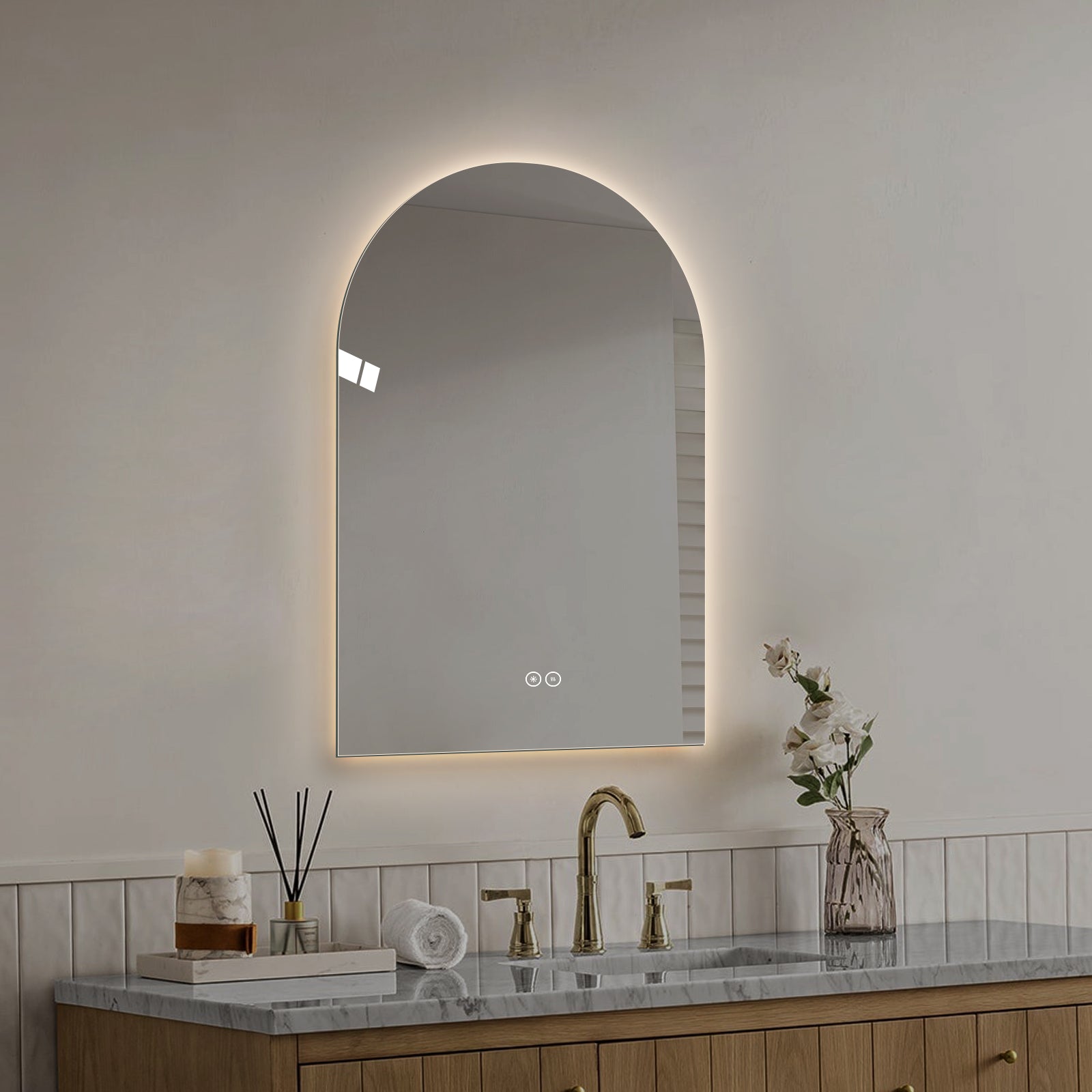 Silver Wall Large Arched Bathroom Mirror With Lighting