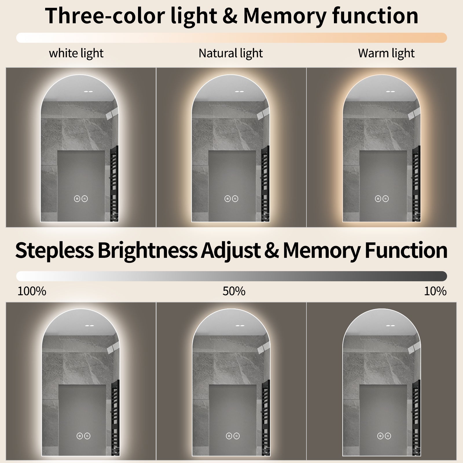 Silver Wall Large Arched Bathroom Mirror With Lighting
