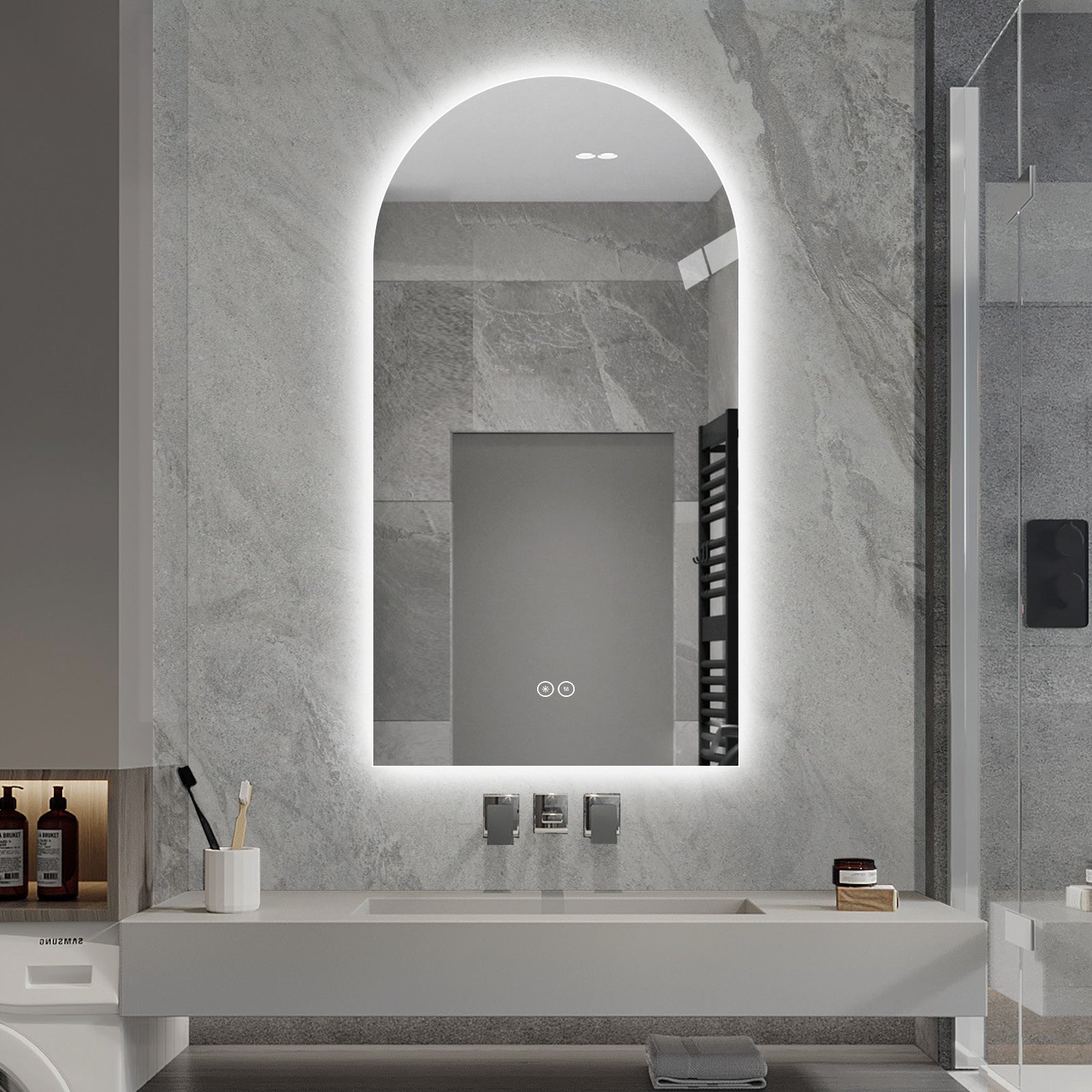 Silver Wall Large Arched Bathroom Mirror With Lighting