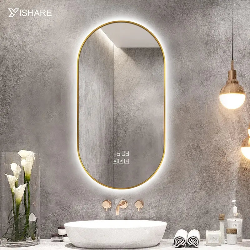 Nordic Style Wall Mounted Aluminium Alloy Bath Mirror Illuminated Smart Touch LED Backlit Bathroom Mirror Silver Decorative