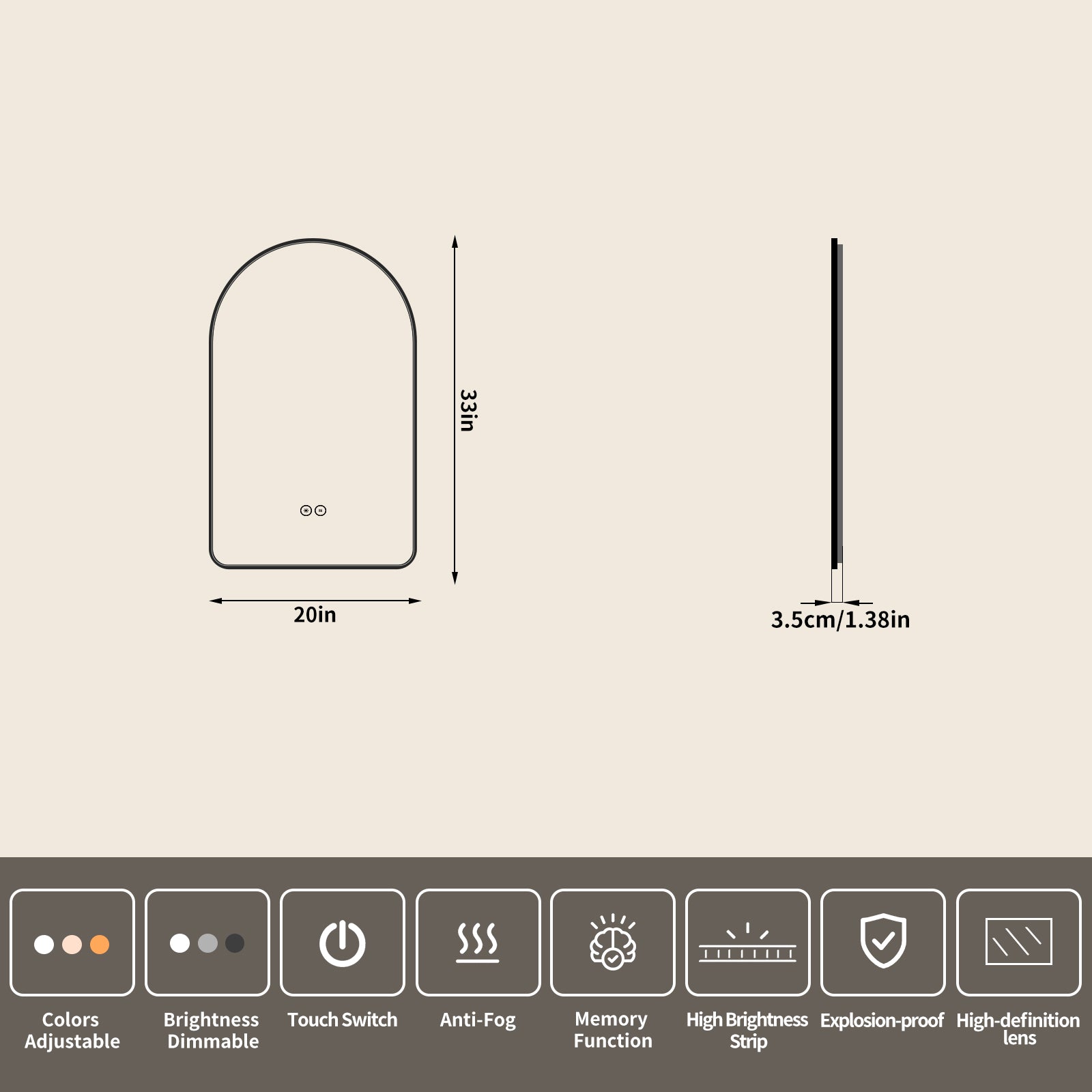 Yishare Arch-Shaped Framed Backlit Explosion-Proof Defogging Bathroom Mirror