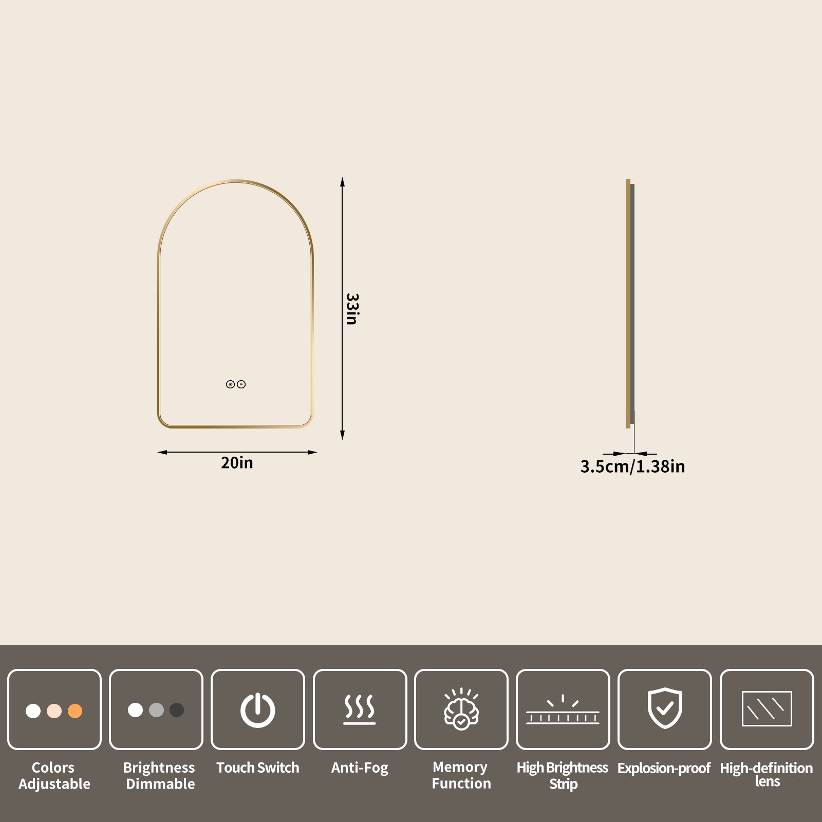 Yishare Arch-Shaped Framed Backlit Explosion-Proof Defogging Bathroom Mirror