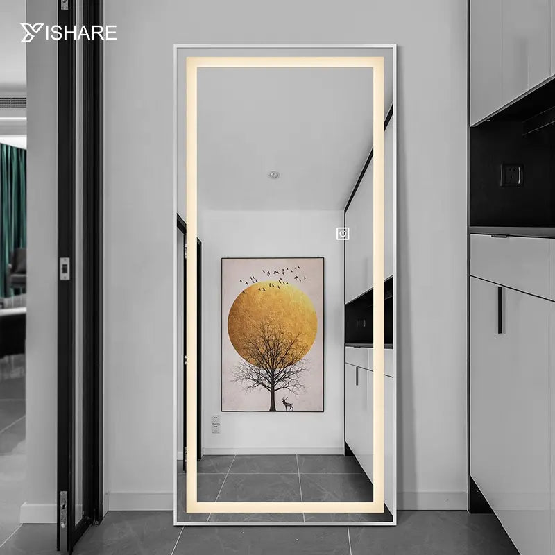 Yishare Modern Cheap Aluminum Alloy Frame Oversized Floor Mirrors with Stand LED Smart Wall Mounted Bedroom Tall Dressing Mirror