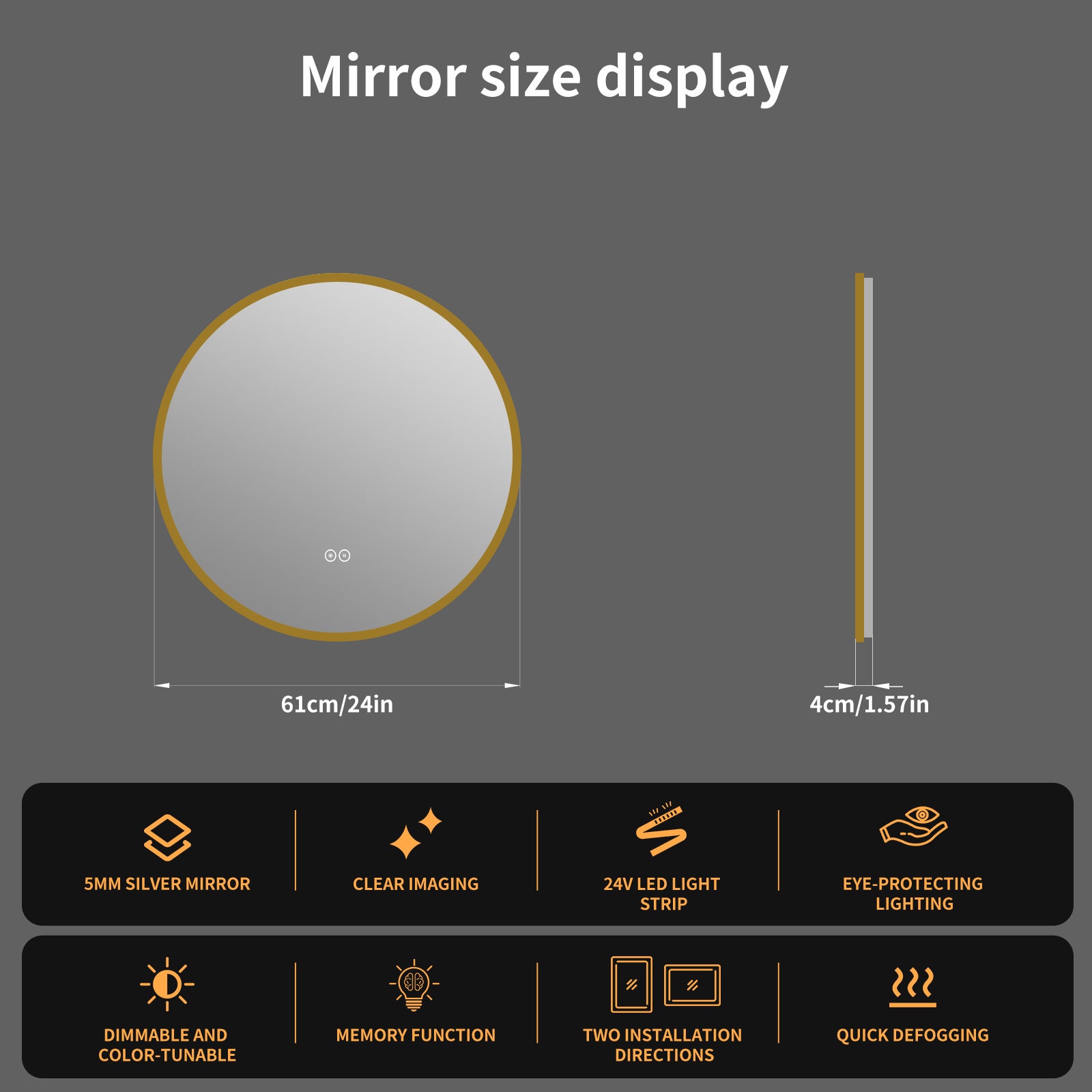 Yishare Round LED Framed Explosion-Proof Anti-Fog Bathroom Mirror