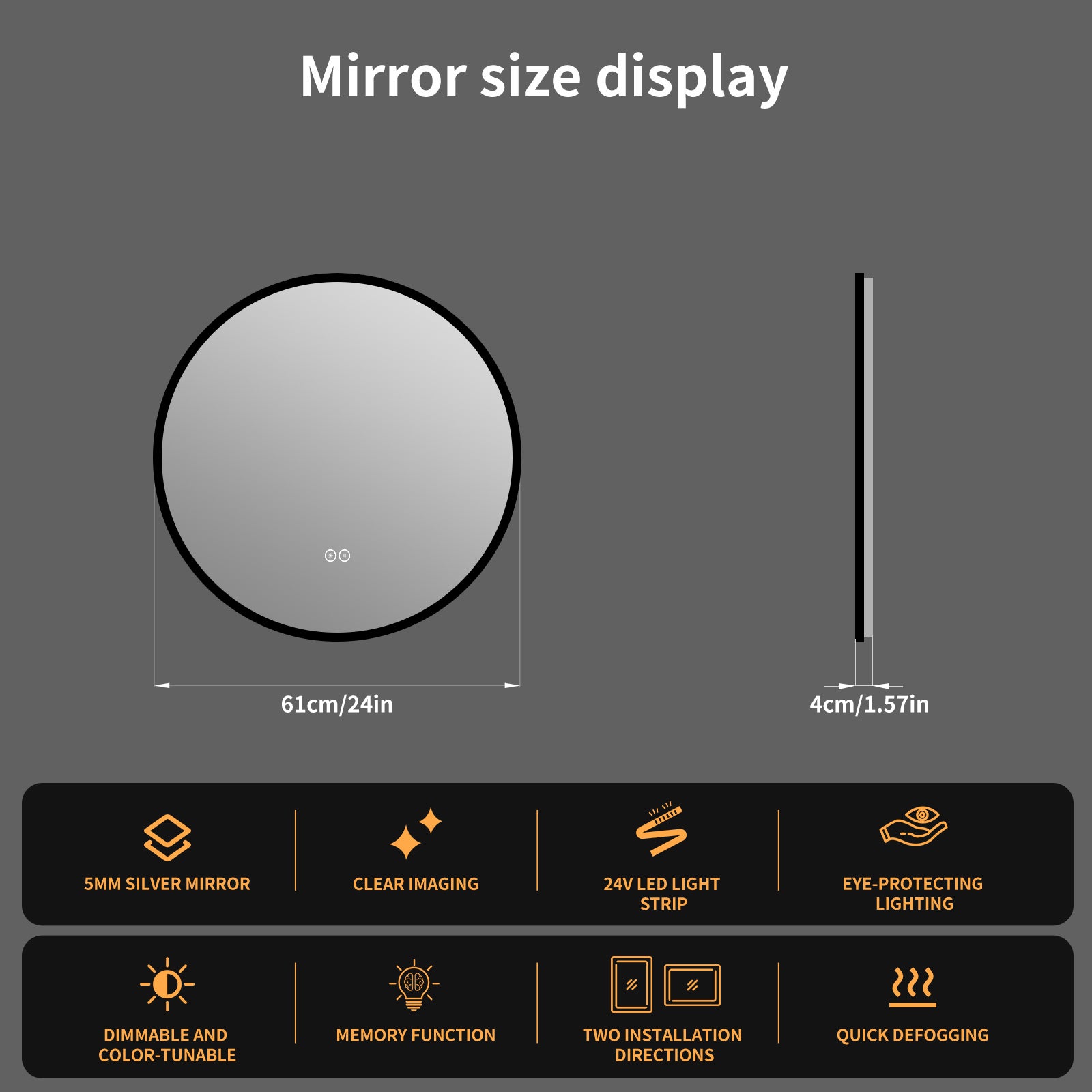 Yishare Round LED Framed Explosion-Proof Anti-Fog Bathroom Mirror