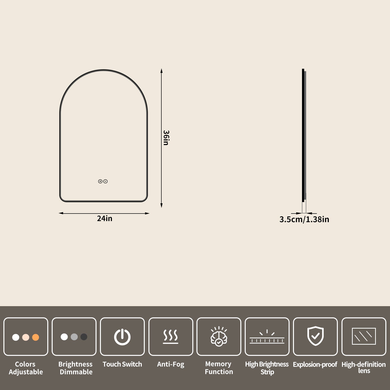 Yishare Arch-Shaped Framed Backlit Explosion-Proof Defogging Bathroom Mirror