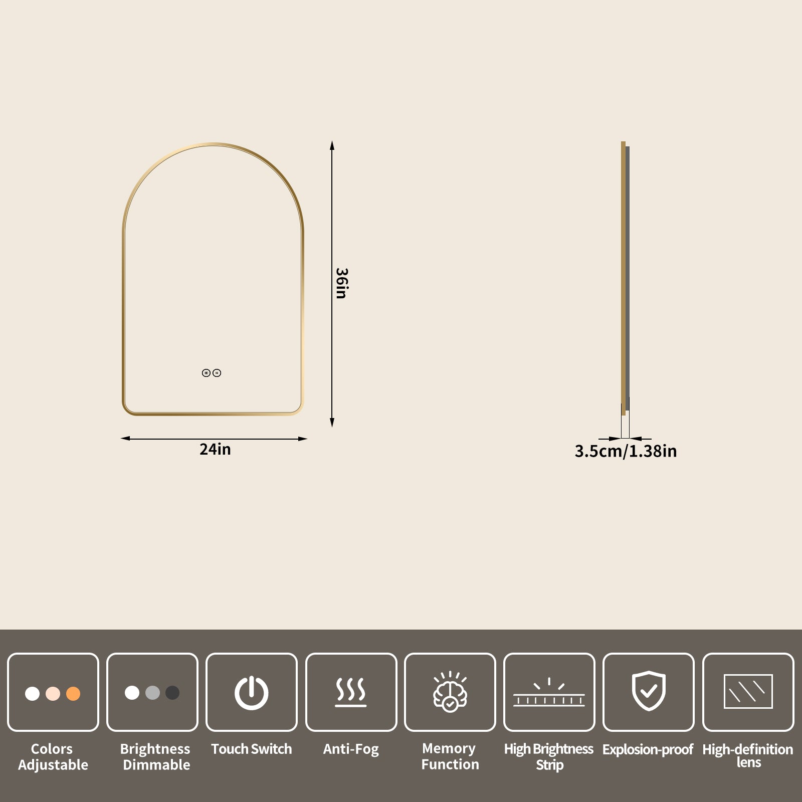 Yishare Arch-Shaped Framed Backlit Explosion-Proof Defogging Bathroom Mirror