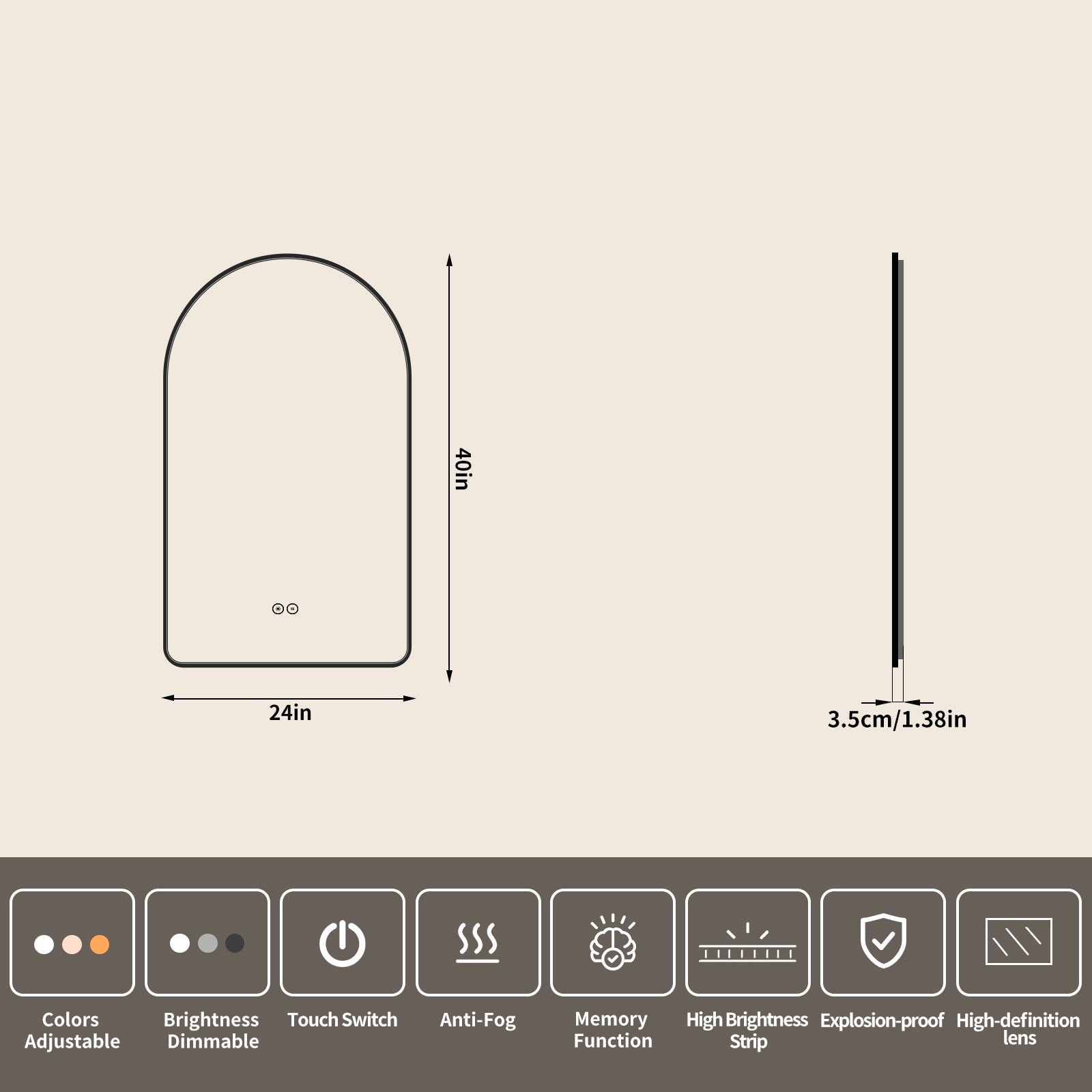 Yishare Arch-Shaped Framed Backlit Explosion-Proof Defogging Bathroom Mirror