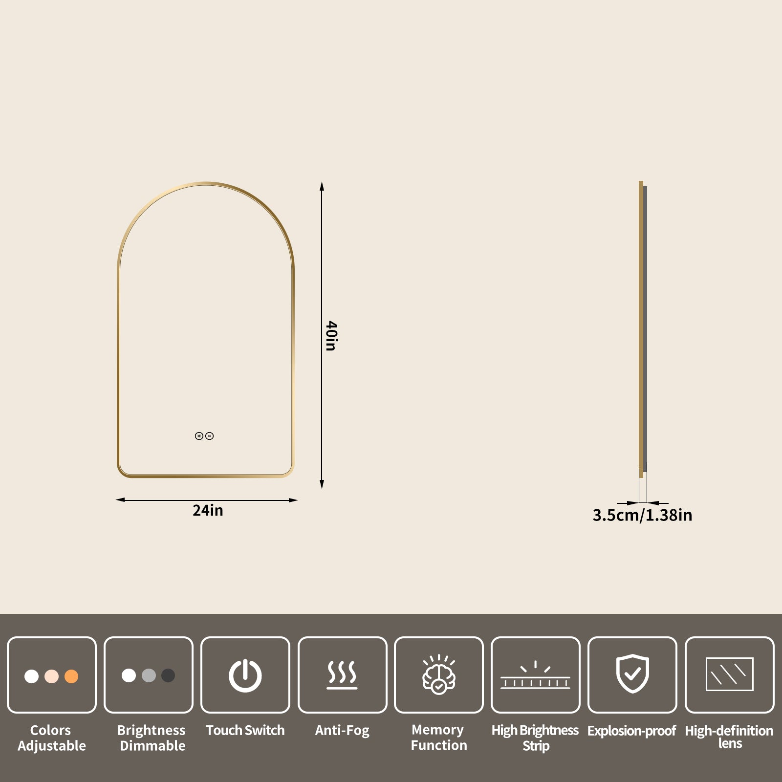 Yishare Arch-Shaped Framed Backlit Explosion-Proof Defogging Bathroom Mirror