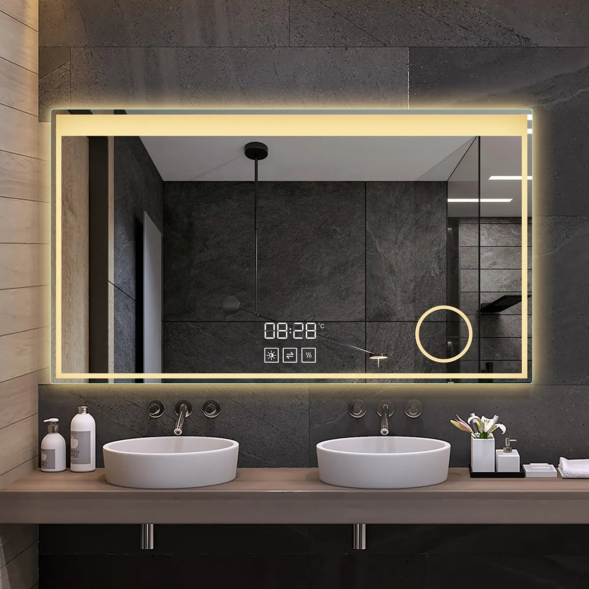 Yishare factory direct sales makeup mirror wall adjustable color temperature smart touch clear anti-fog bathroom LED mirror