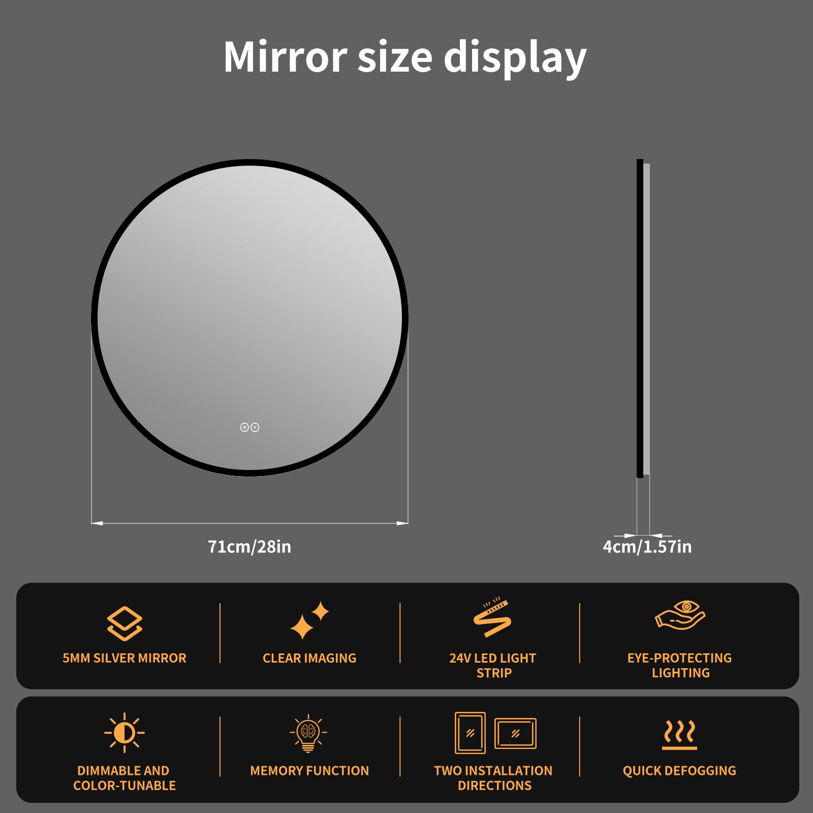 Yishare Round LED Framed Explosion-Proof Anti-Fog Bathroom Mirror