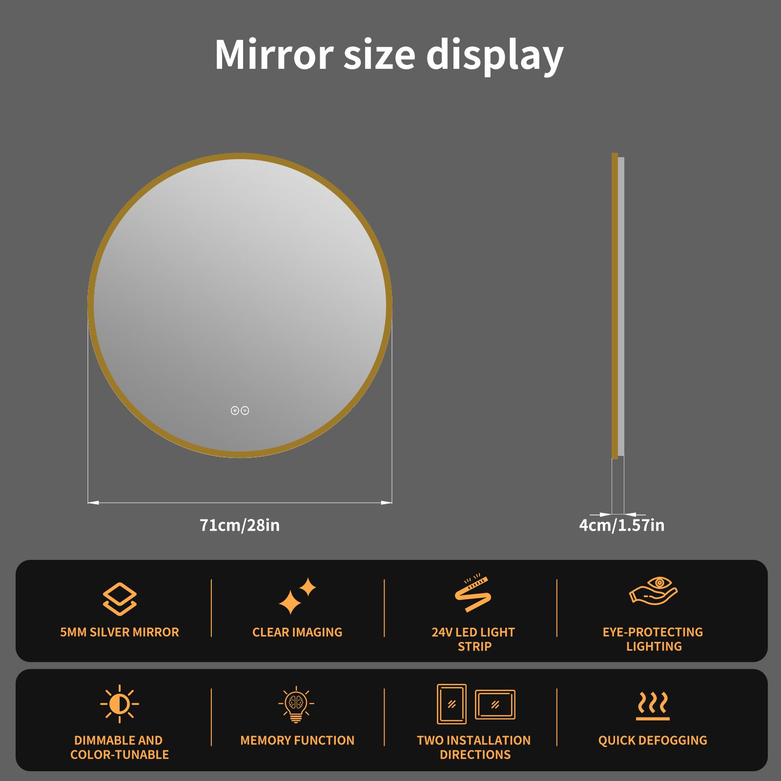 Yishare Round LED Framed Explosion-Proof Anti-Fog Bathroom Mirror