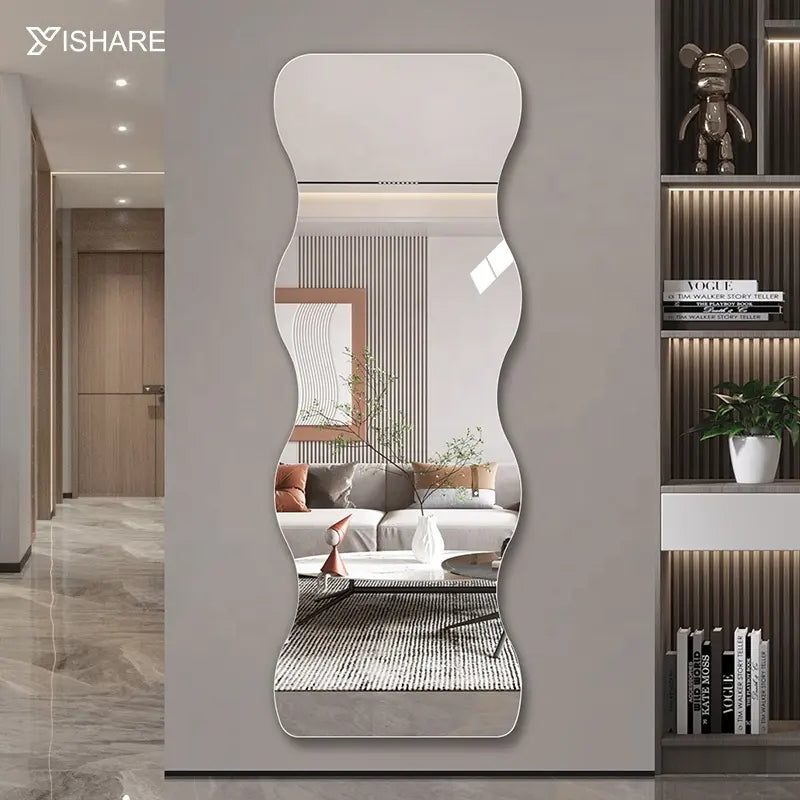 Modern Luxury Home Decorative Full-Length Body Mirror 5mm Thick Wave-Shaped Glass with Copper Stand Factory Direct Sale