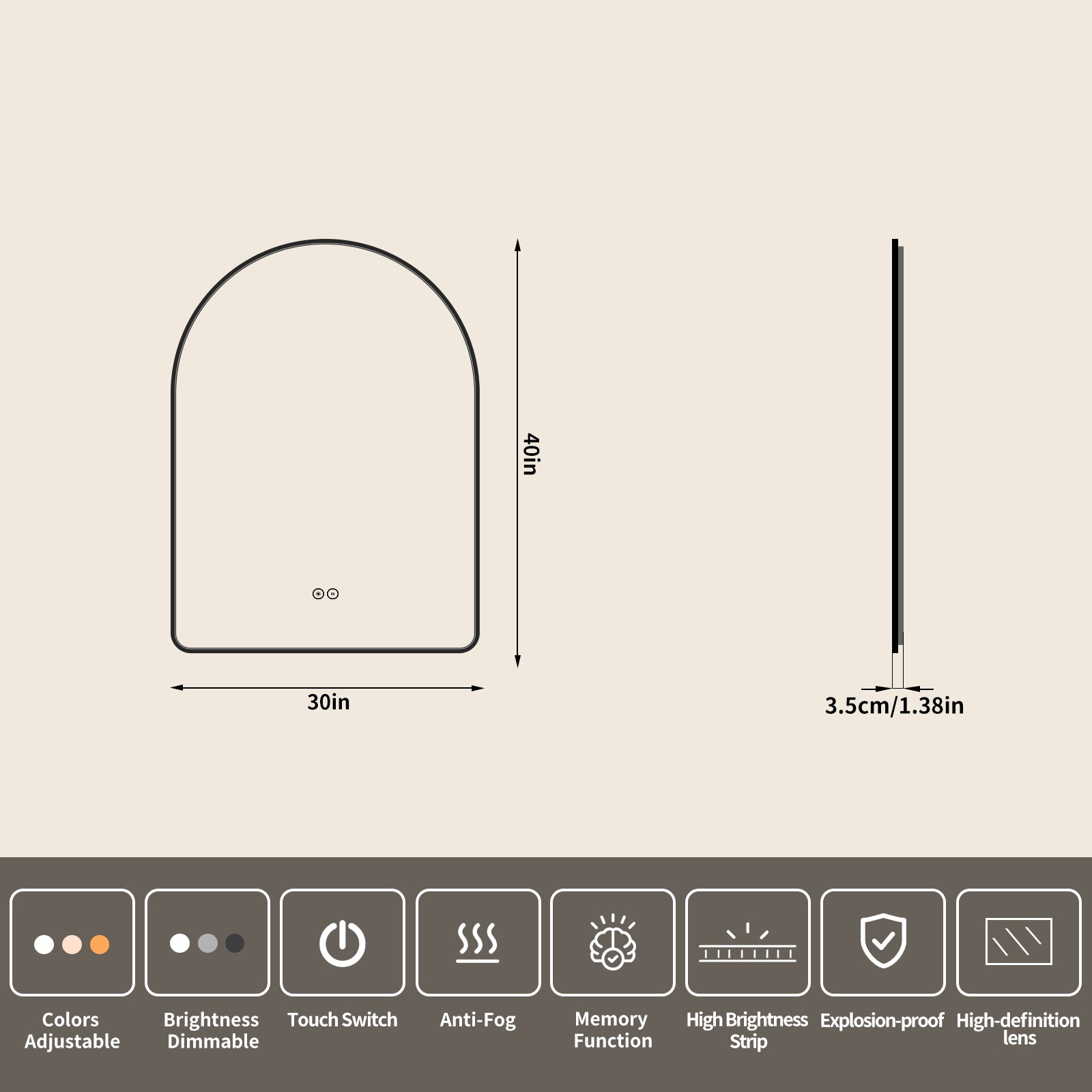 Yishare Arch-Shaped Framed Backlit Explosion-Proof Defogging Bathroom Mirror