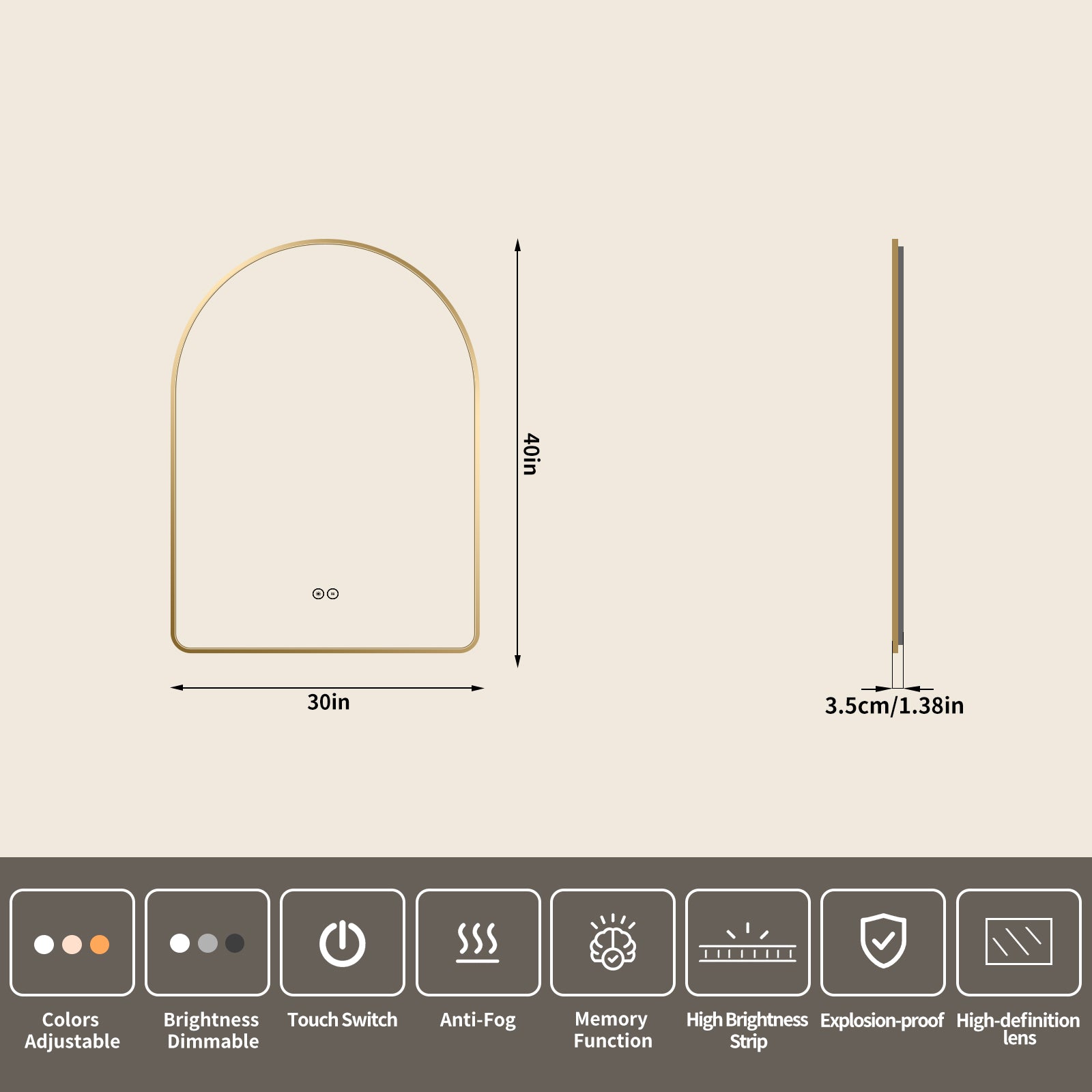 Yishare Arch-Shaped Framed Backlit Explosion-Proof Defogging Bathroom Mirror