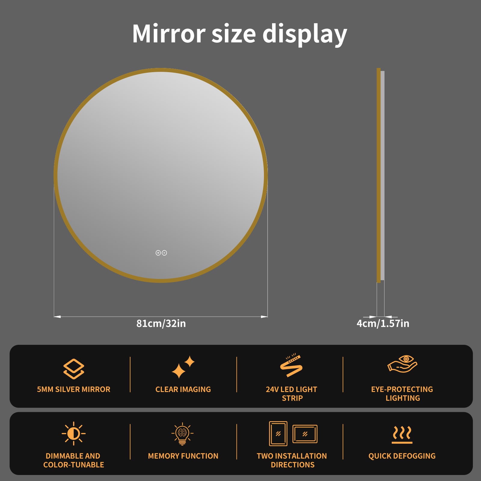 Yishare Round LED Framed Explosion-Proof Anti-Fog Bathroom Mirror