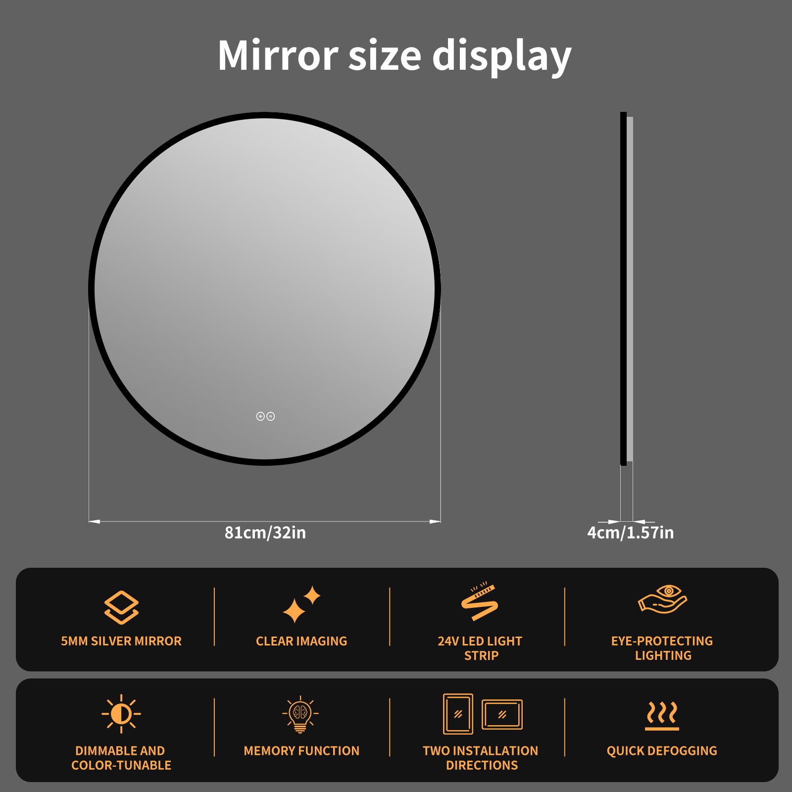 Yishare Round LED Framed Explosion-Proof Anti-Fog Bathroom Mirror
