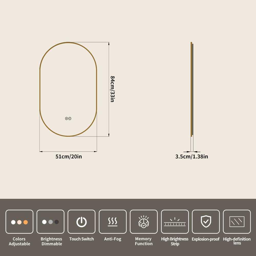 Yishare Oval-Shaped Framed Backlit Defogging Explosion-Proof Bathroom Mirror