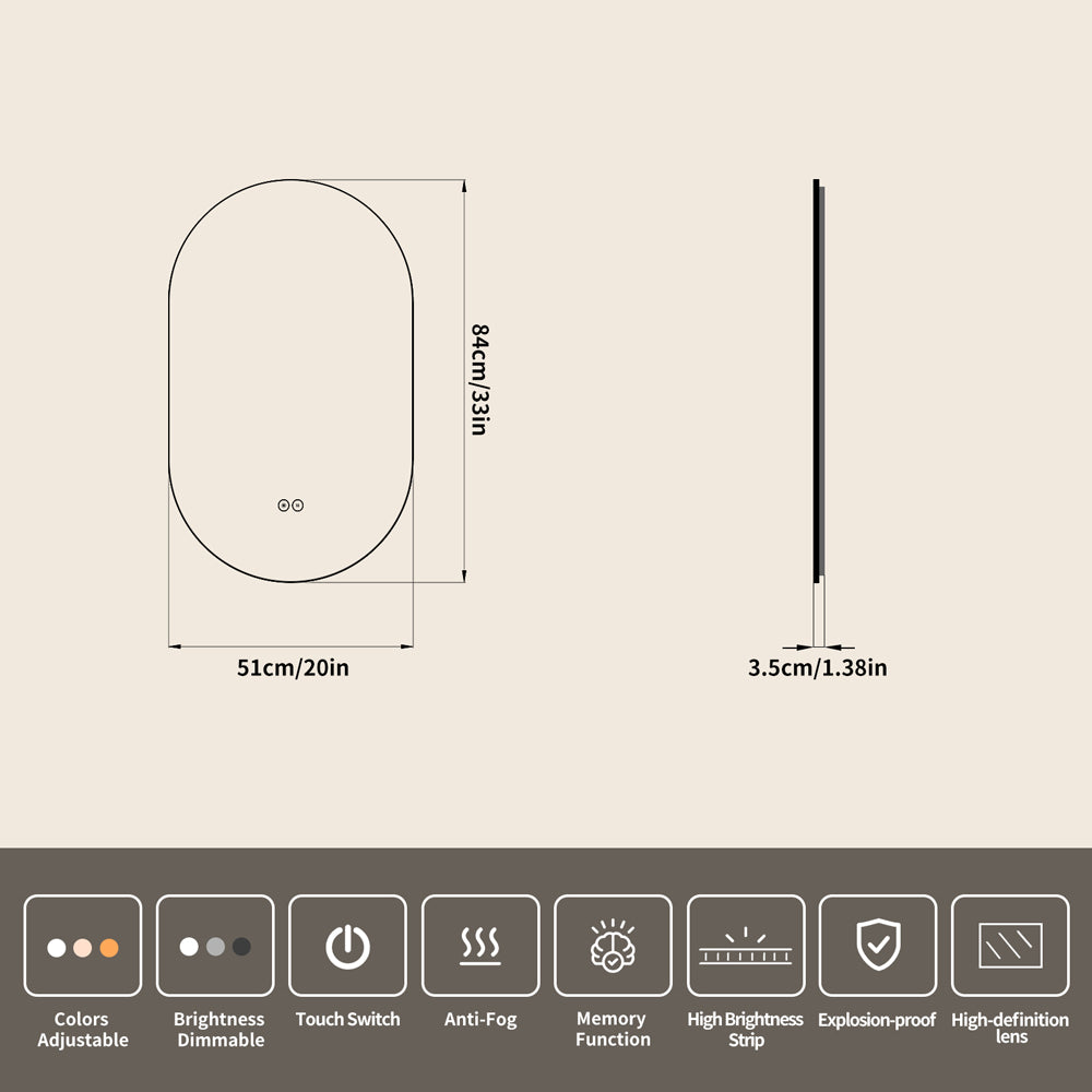 Yishare Oval-Shaped Framed Backlit Defogging Explosion-Proof Bathroom Mirror