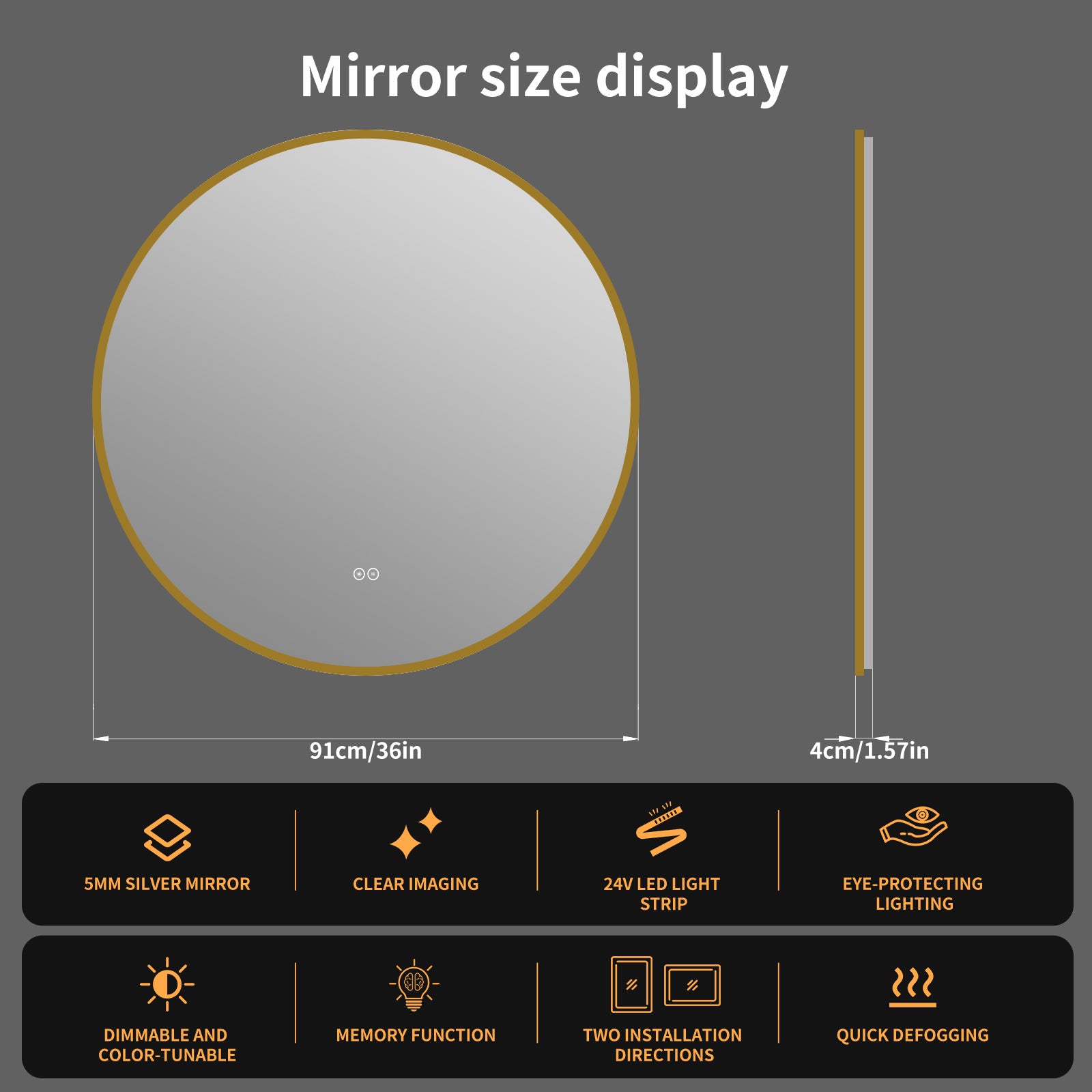 Yishare Round LED Framed Explosion-Proof Anti-Fog Bathroom Mirror