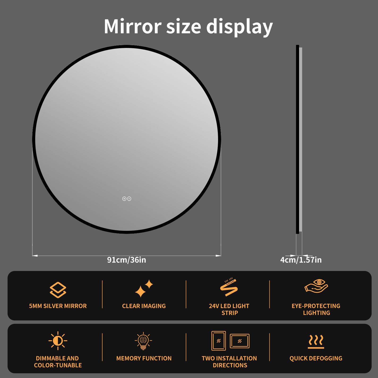Yishare Round LED Framed Explosion-Proof Anti-Fog Bathroom Mirror
