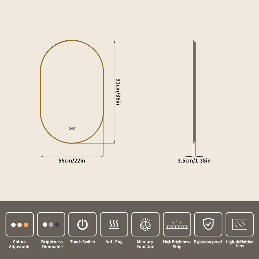 Yishare Oval-Shaped Framed Backlit Defogging Explosion-Proof Bathroom Mirror