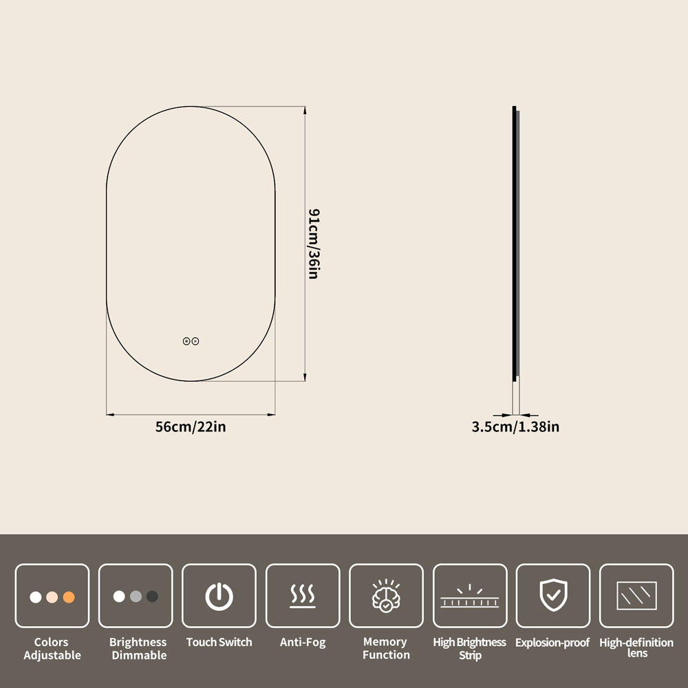 Yishare Oval-Shaped Framed Backlit Defogging Explosion-Proof Bathroom Mirror