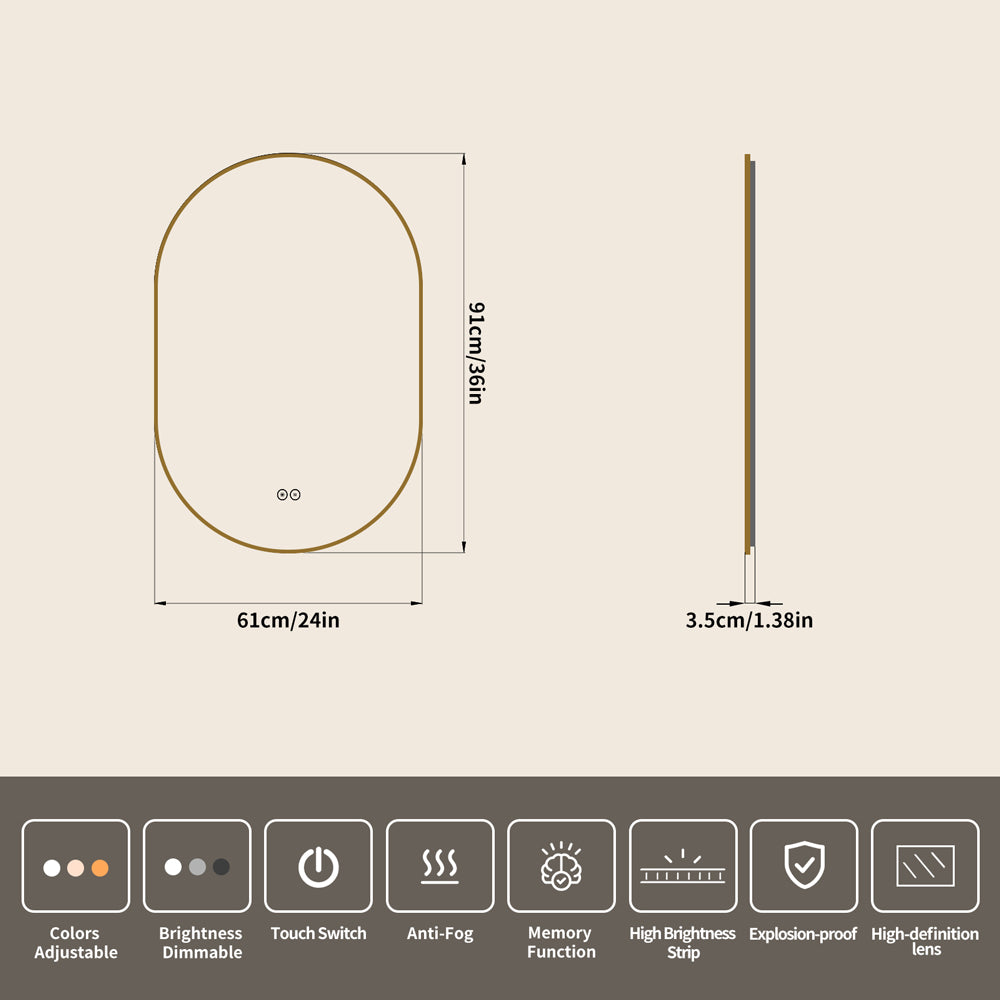 Yishare Oval-Shaped Framed Backlit Defogging Explosion-Proof Bathroom Mirror