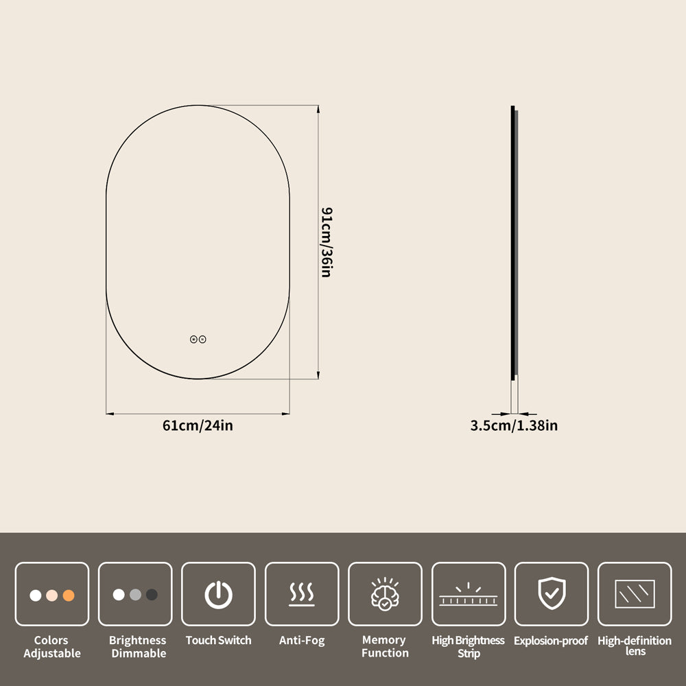 Yishare Oval-Shaped Framed Backlit Defogging Explosion-Proof Bathroom Mirror