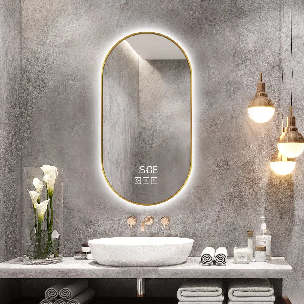 Modern LED Smart Bathroom Mirror Aluminum Alloy Frame Adjustable Color Temperature Anti-Fog Illuminated Makeup Feature IP44 Oval