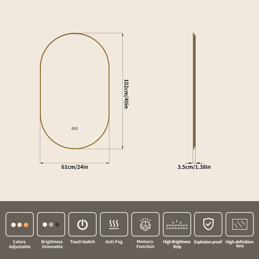 Yishare Oval-Shaped Framed Backlit Defogging Explosion-Proof Bathroom Mirror
