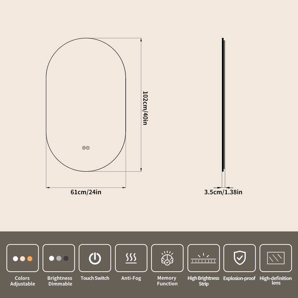 Yishare Oval-Shaped Framed Backlit Defogging Explosion-Proof Bathroom Mirror