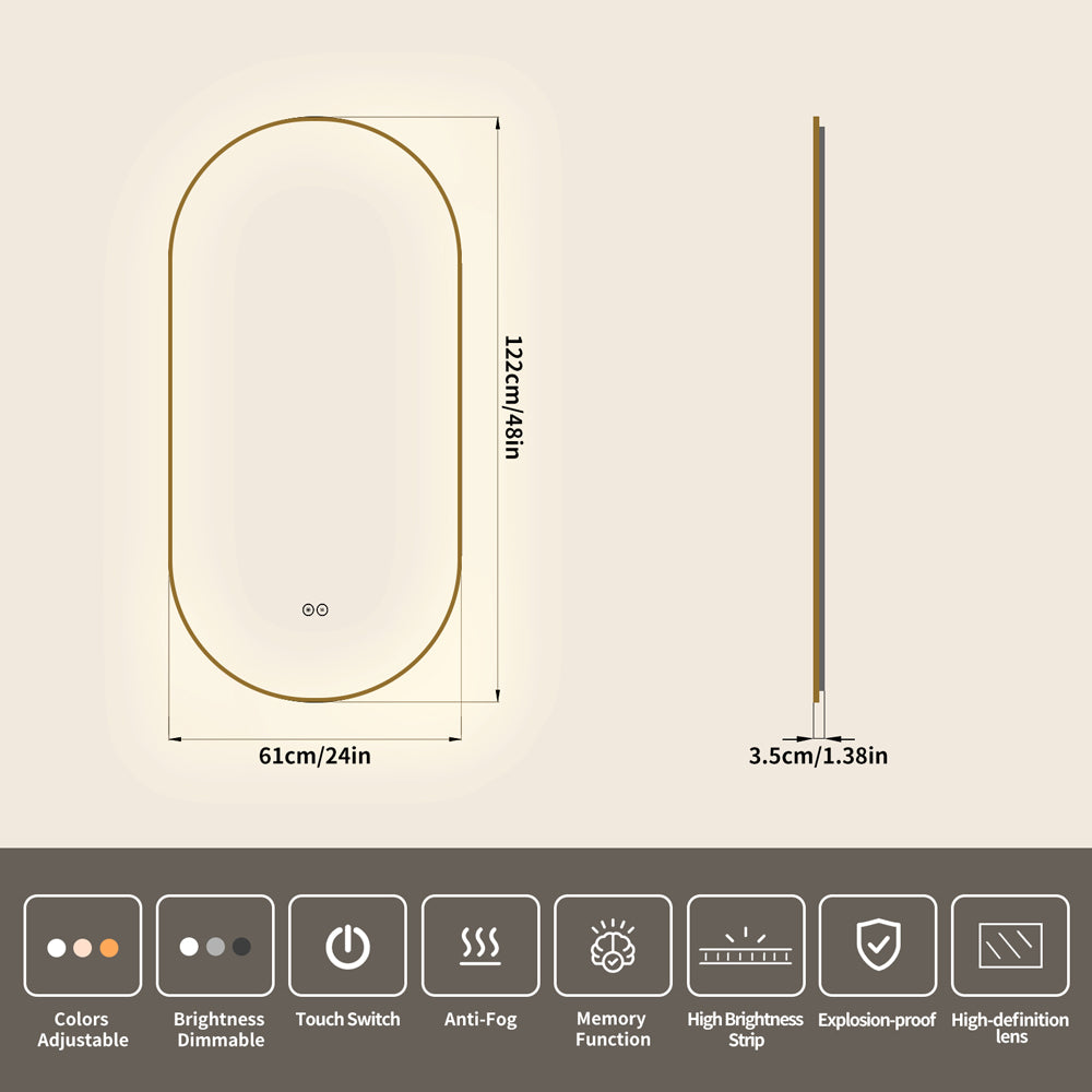Yishare Oval-Shaped Framed Backlit Defogging Explosion-Proof Bathroom Mirror