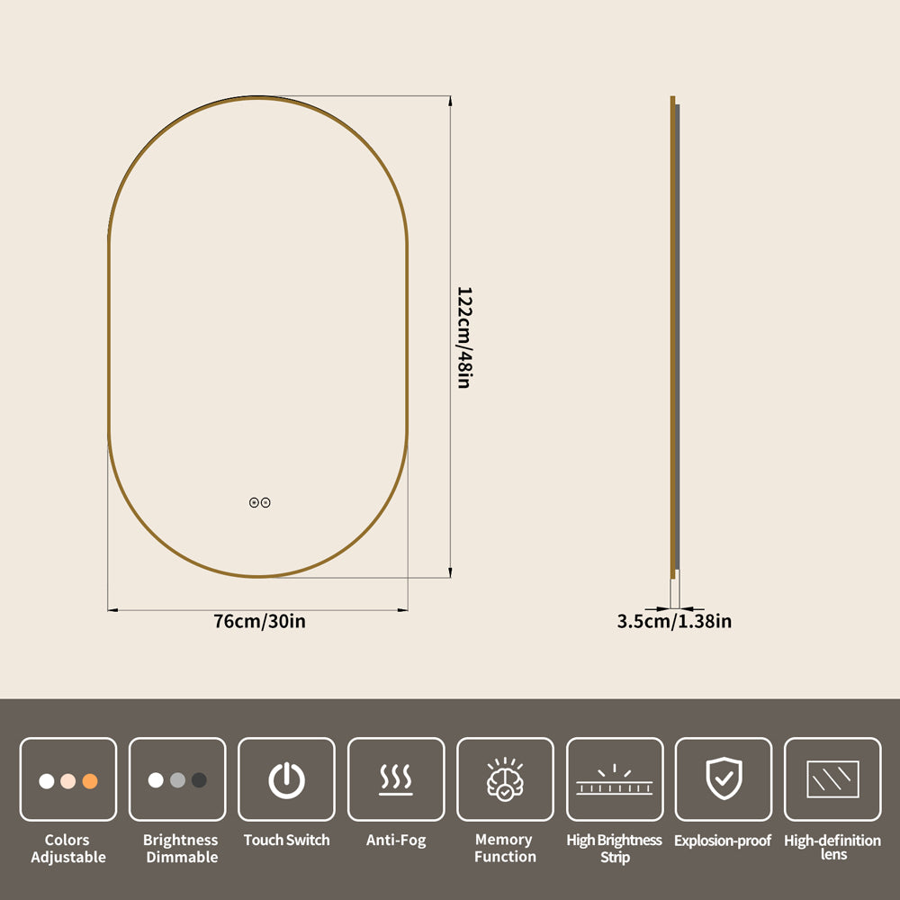 Yishare Oval-Shaped Framed Backlit Defogging Explosion-Proof Bathroom Mirror
