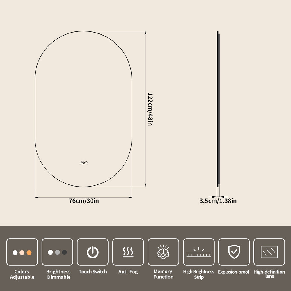 Yishare Oval-Shaped Framed Backlit Defogging Explosion-Proof Bathroom Mirror