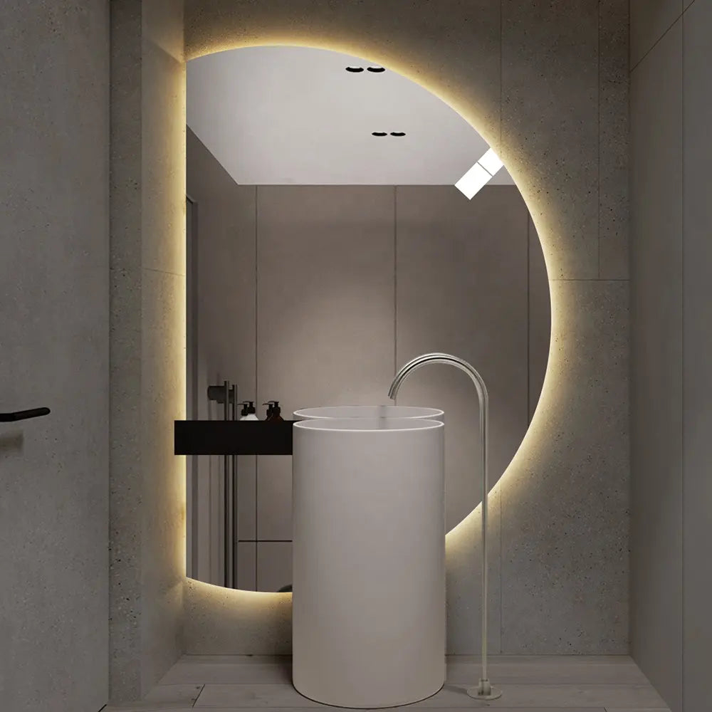 Modern LED Smart Mirror with Irregular Round Half Moon Design Wall Mirror for Home Hotel Bedroom Decor Touch Sensor